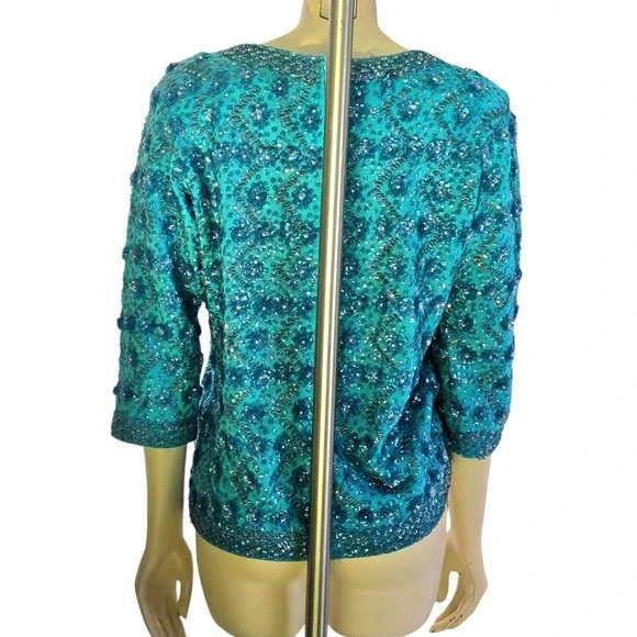 Vintage 60s Wool Beaded Sequin Sweater Back Zip Turquoise Silk-lined By Cavanagh